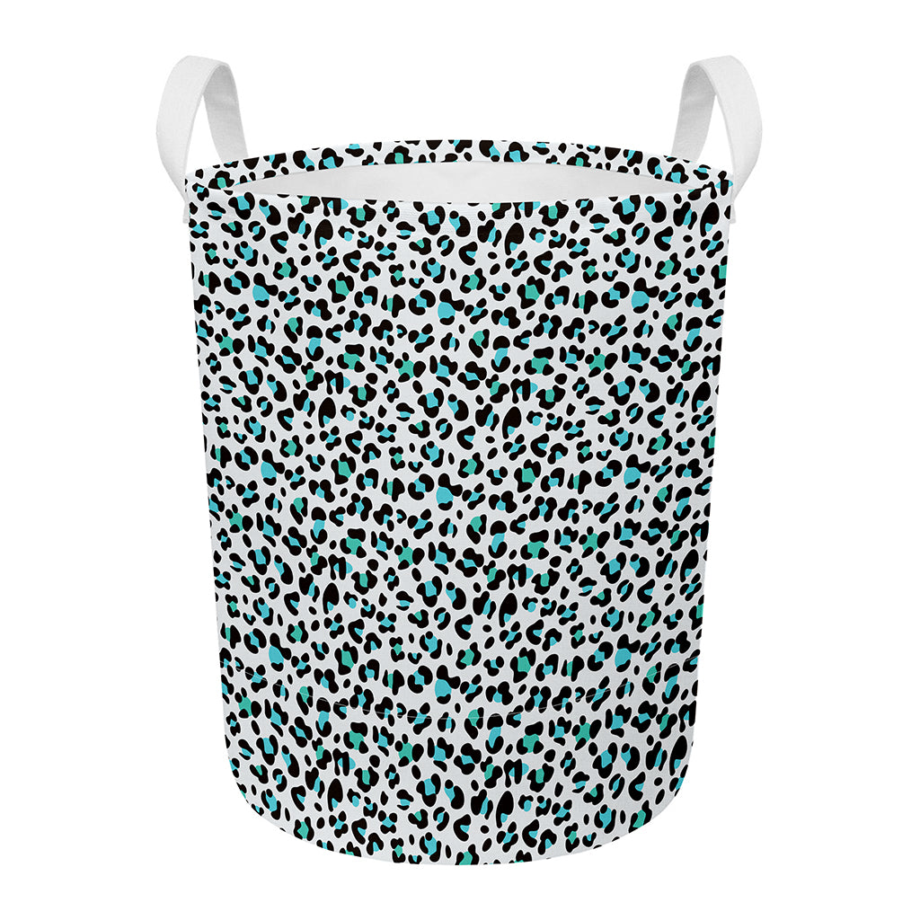 White And Teal Leopard Print Round Laundry Basket