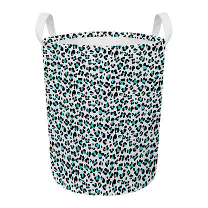White And Teal Leopard Print Round Laundry Basket