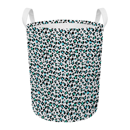 White And Teal Leopard Print Round Laundry Basket