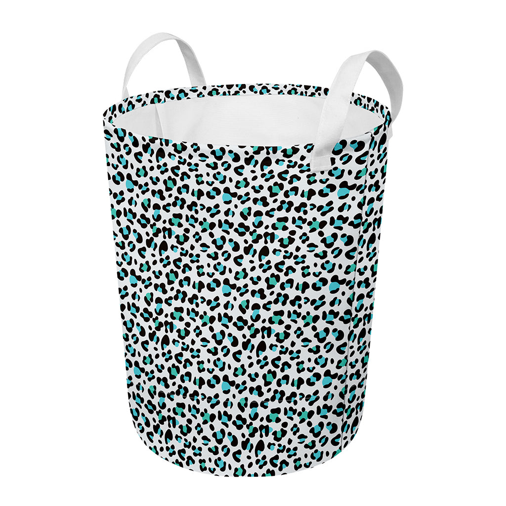 White And Teal Leopard Print Round Laundry Basket