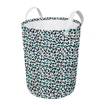 White And Teal Leopard Print Round Laundry Basket