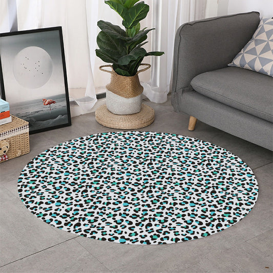 White And Teal Leopard Print Round Rug