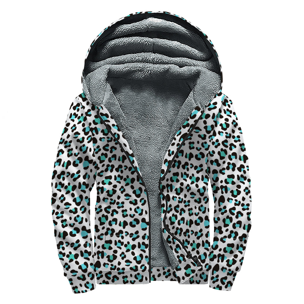 White And Teal Leopard Print Sherpa Lined Zip Up Hoodie