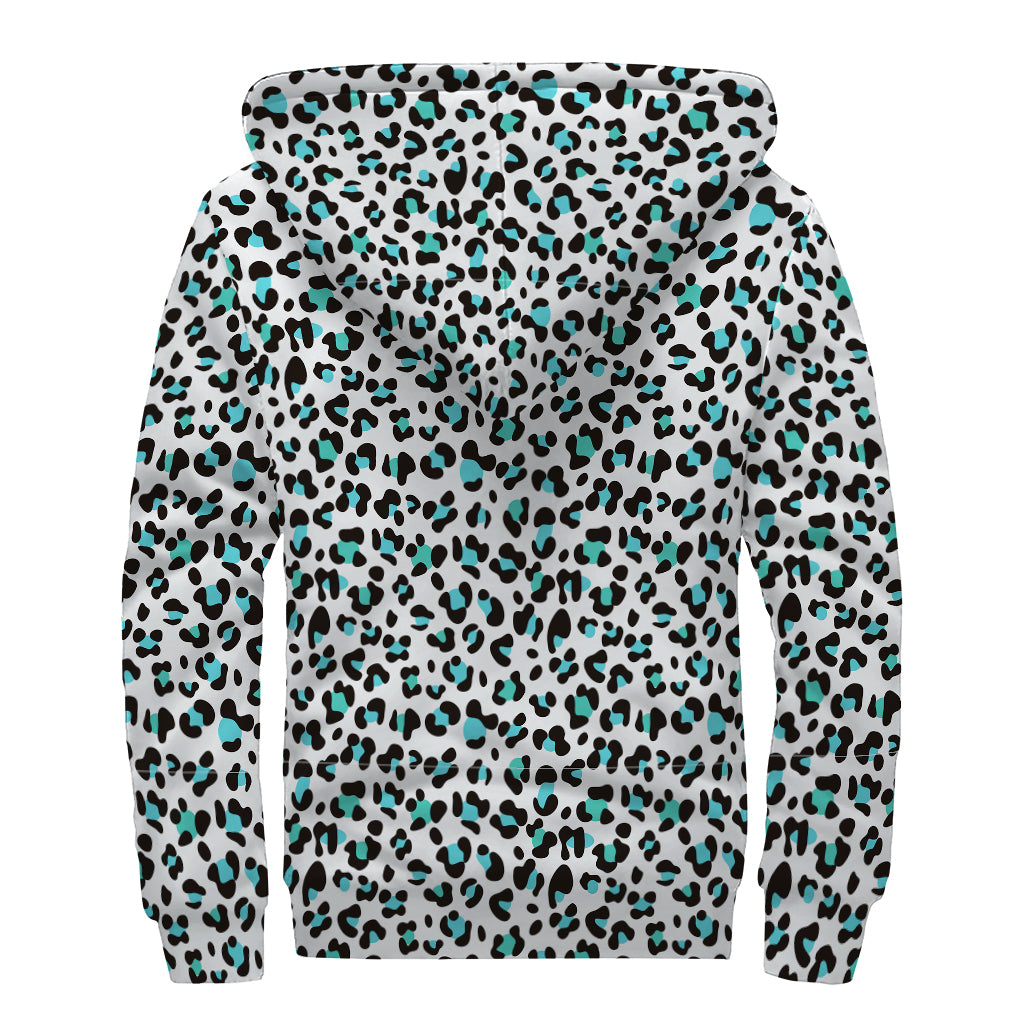 White And Teal Leopard Print Sherpa Lined Zip Up Hoodie