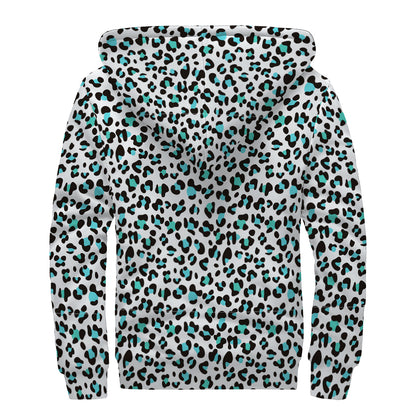 White And Teal Leopard Print Sherpa Lined Zip Up Hoodie
