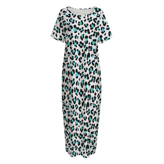 White And Teal Leopard Print Short Sleeve Long Nightdress