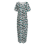 White And Teal Leopard Print Short Sleeve Long Nightdress