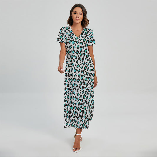White And Teal Leopard Print Short Sleeve Maxi Dress