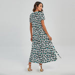 White And Teal Leopard Print Short Sleeve Maxi Dress