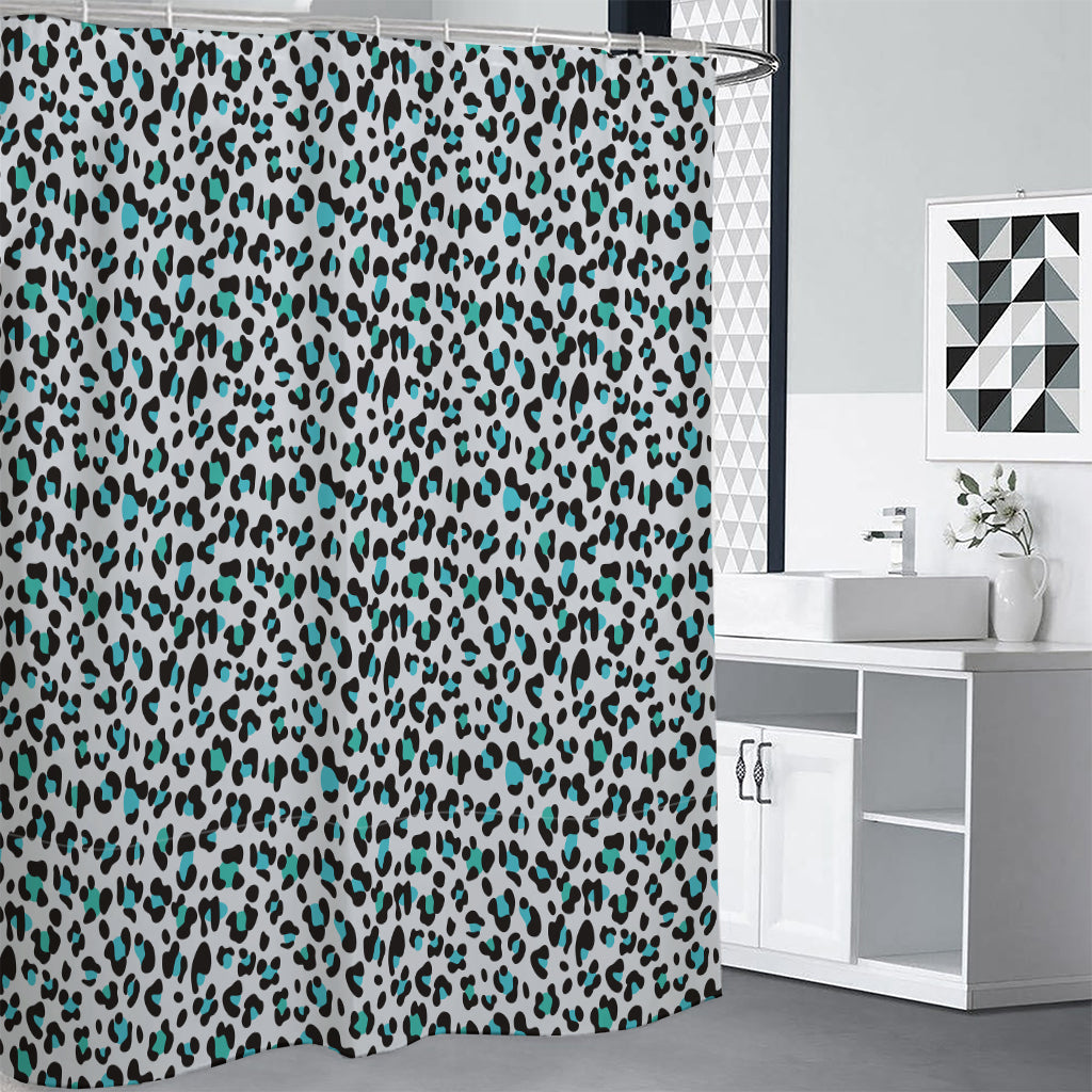 White And Teal Leopard Print Shower Curtain