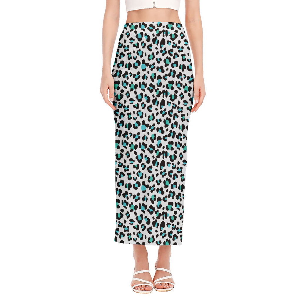 White And Teal Leopard Print Side Slit Maxi Skirt