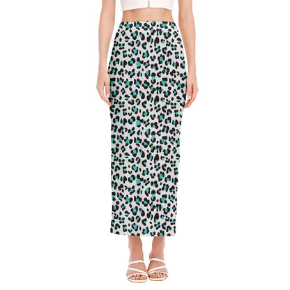 White And Teal Leopard Print Side Slit Maxi Skirt