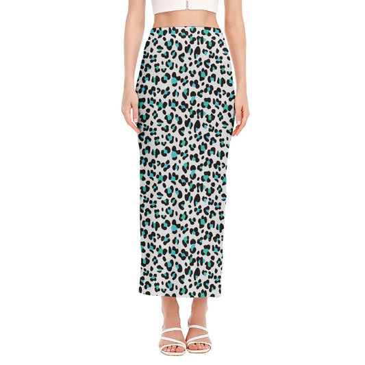White And Teal Leopard Print Side Slit Maxi Skirt