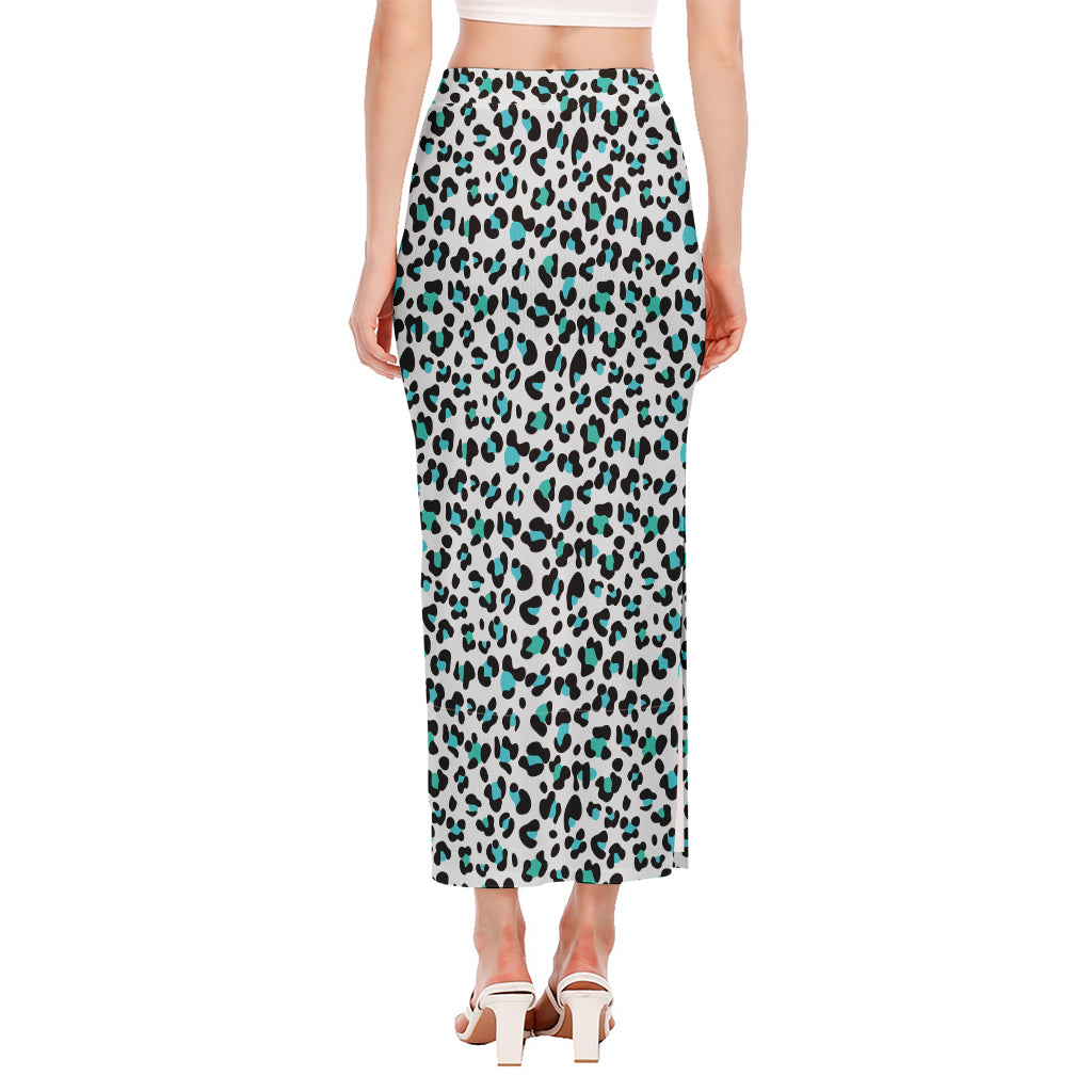 White And Teal Leopard Print Side Slit Maxi Skirt