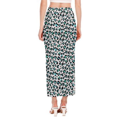 White And Teal Leopard Print Side Slit Maxi Skirt