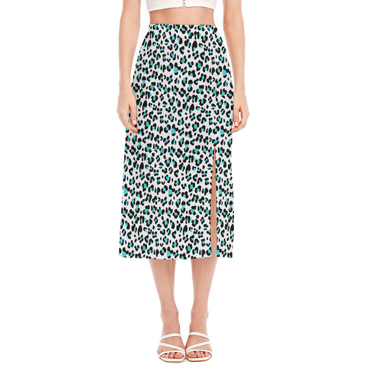 White And Teal Leopard Print Side Slit Midi Skirt