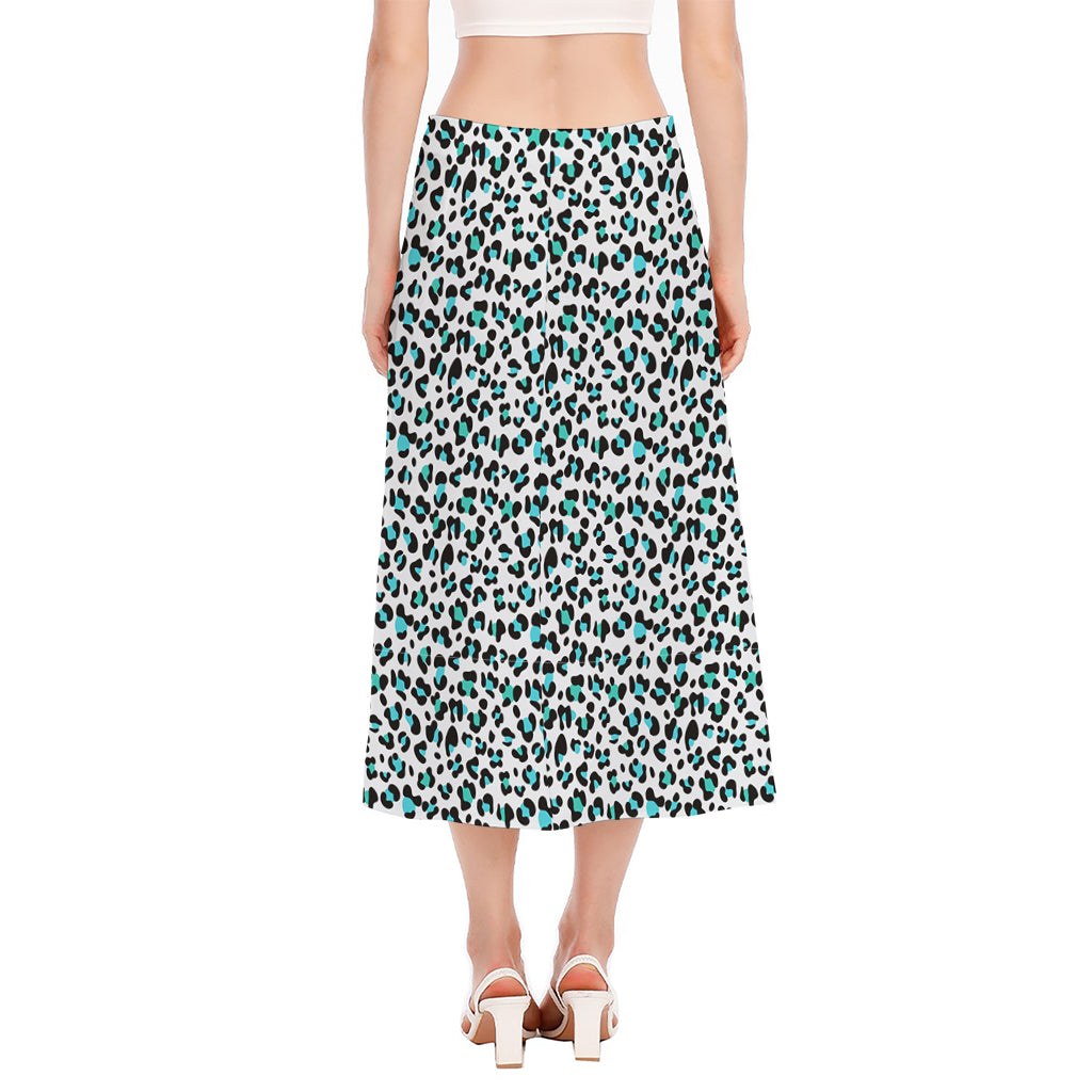 White And Teal Leopard Print Side Slit Midi Skirt