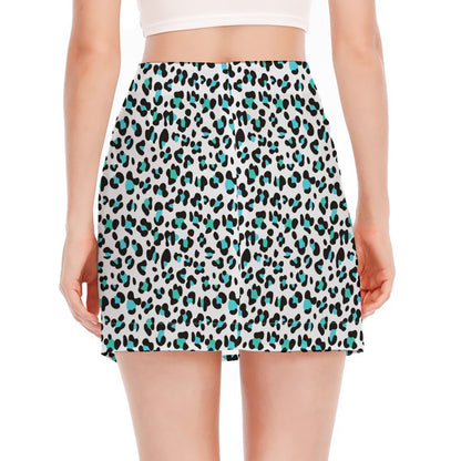 White And Teal Leopard Print Side Slit Mini Skirt