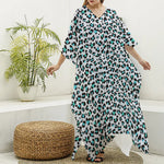 White And Teal Leopard Print Silk V-Neck Kaftan Dress