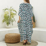 White And Teal Leopard Print Silk V-Neck Kaftan Dress