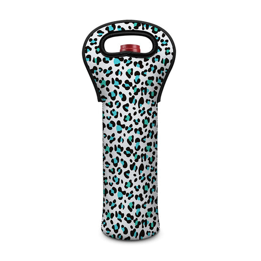 White And Teal Leopard Print Single Neoprene Wine Tote