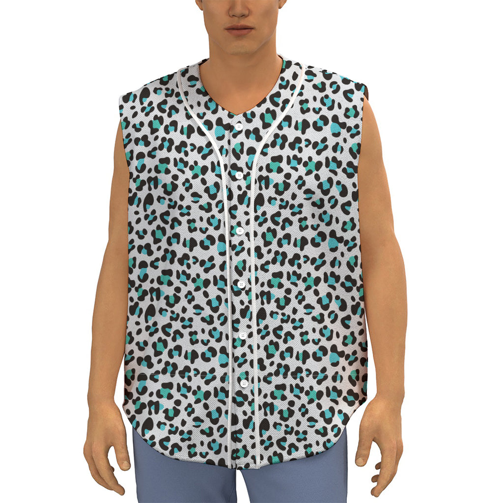 White And Teal Leopard Print Sleeveless Baseball Jersey