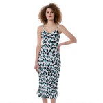 White And Teal Leopard Print Slim Fit Midi Cami Dress
