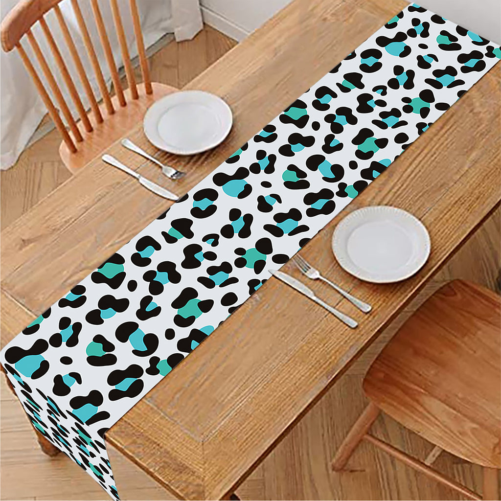 White And Teal Leopard Print Table Runner