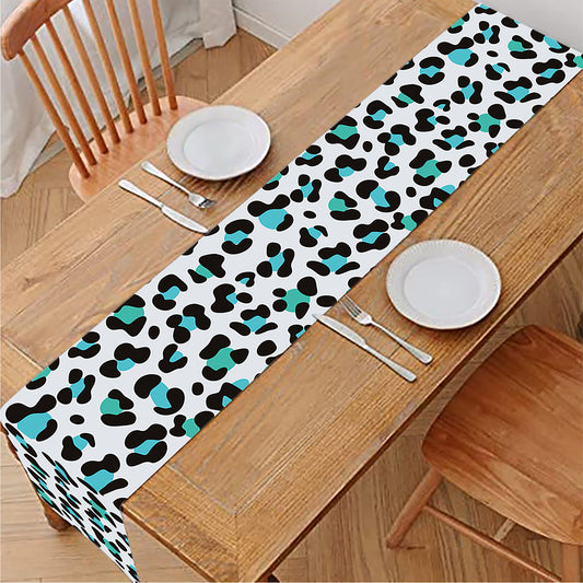 White And Teal Leopard Print Table Runner