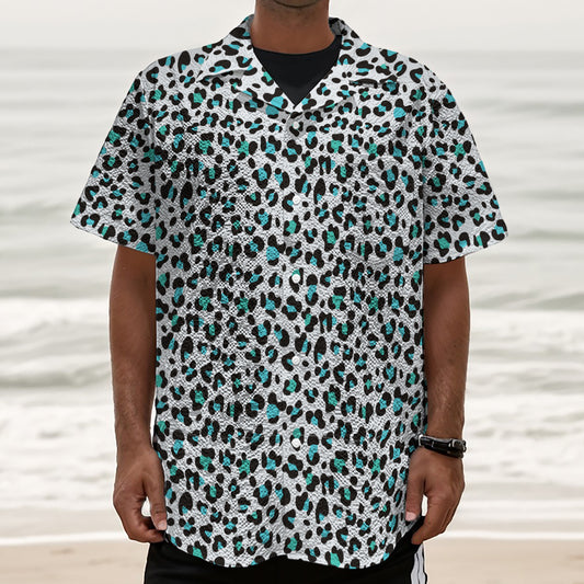 White And Teal Leopard Print Textured Short Sleeve Shirt