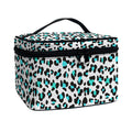 White And Teal Leopard Print Travel Makeup Bag