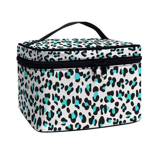 White And Teal Leopard Print Travel Makeup Bag