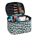 White And Teal Leopard Print Travel Makeup Bag