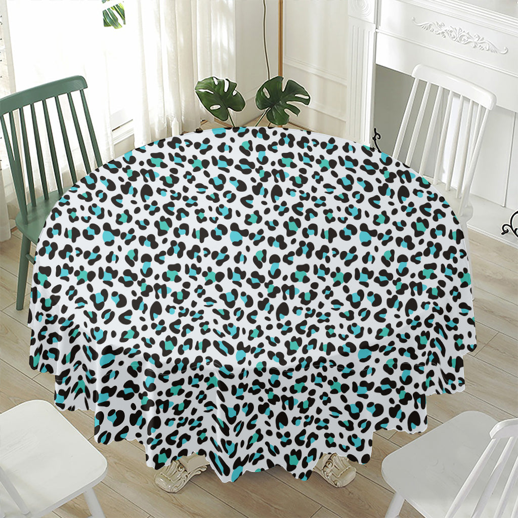 White And Teal Leopard Print Waterproof Round Tablecloth