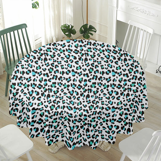 White And Teal Leopard Print Waterproof Round Tablecloth