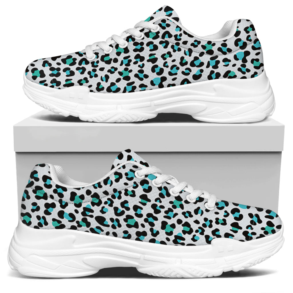 White And Teal Leopard Print White Chunky Shoes