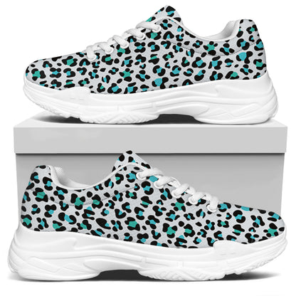 White And Teal Leopard Print White Chunky Shoes