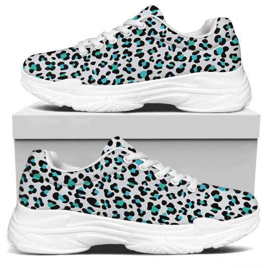 White And Teal Leopard Print White Chunky Shoes