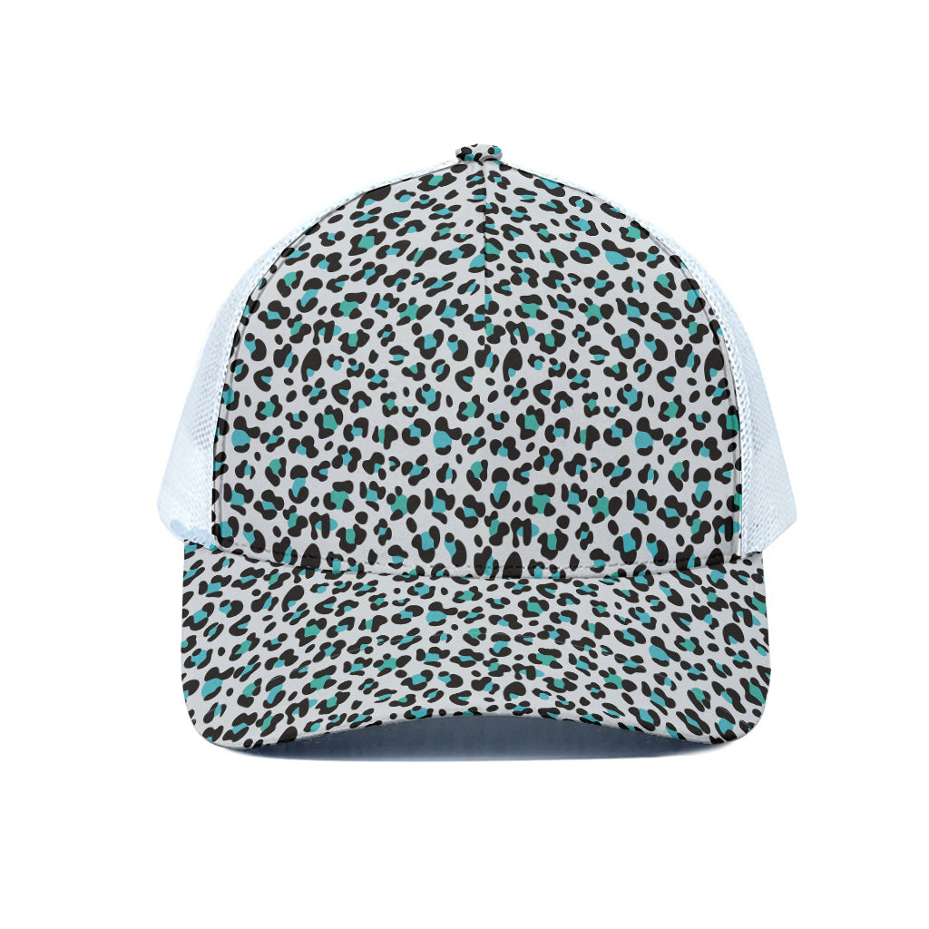 White And Teal Leopard Print White Mesh Trucker Cap