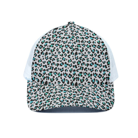 White And Teal Leopard Print White Mesh Trucker Cap