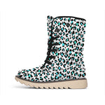 White And Teal Leopard Print Winter Boots