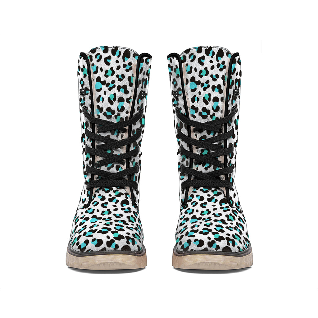 White And Teal Leopard Print Winter Boots