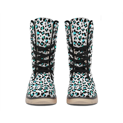 White And Teal Leopard Print Winter Boots