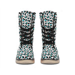 White And Teal Leopard Print Winter Boots