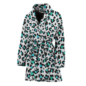 White And Teal Leopard Print Women's Bathrobe