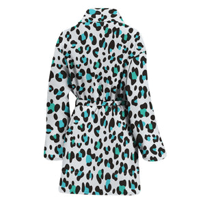 White And Teal Leopard Print Women's Bathrobe