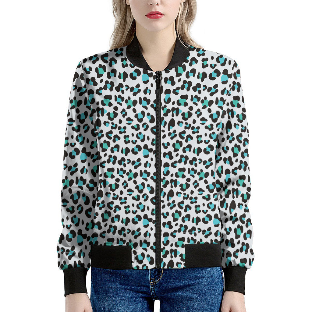 White And Teal Leopard Print Women's Bomber Jacket