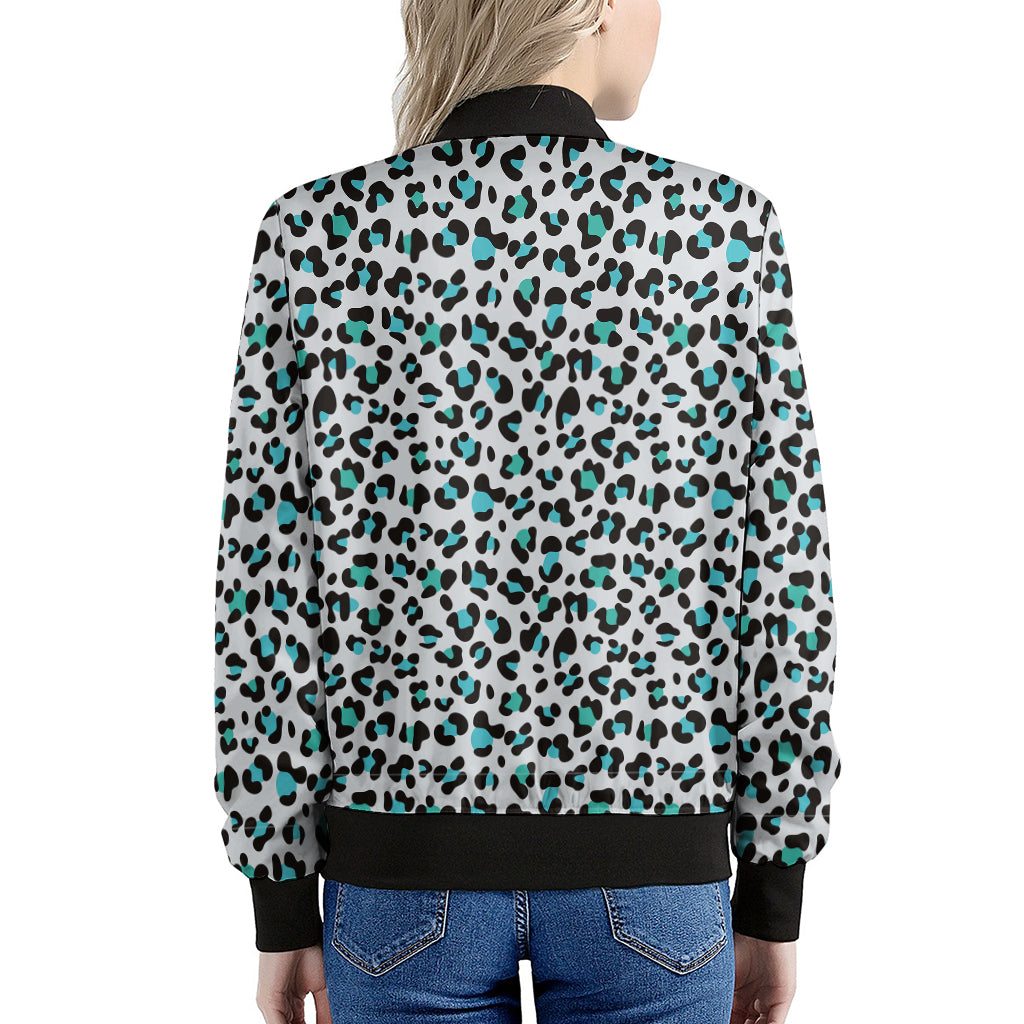 White And Teal Leopard Print Women's Bomber Jacket