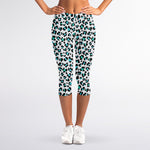 White And Teal Leopard Print Women's Capri Leggings