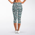 White And Teal Leopard Print Women's Capri Leggings